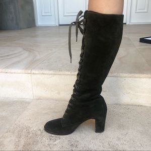 BECCA Dark Green Suede Healed Boots